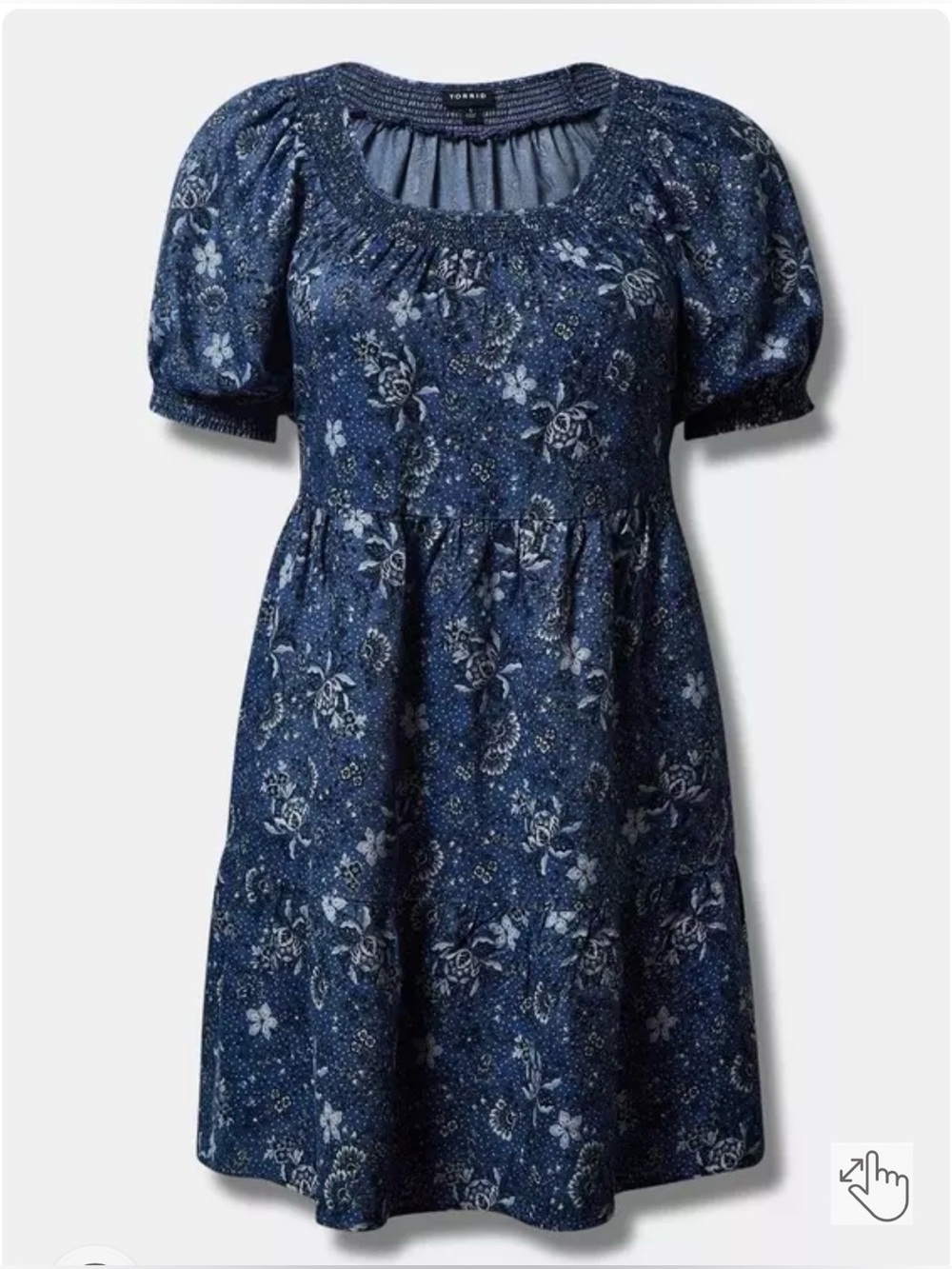 Torrid Mini Chambray Navy Blue Floral Puff Sleeve Smocked Dress with pockets